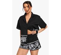 Womens Embroidered Trim Cotton Poplin Shorts - Black - 8, Black
