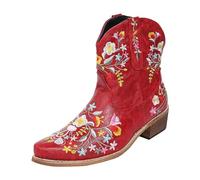Women's Embroidered Western Boots Ladies Floral Cowboy Ankle Boots Block Heel Slip On Vintage Short Footwear Cushioned Insole Soft Sole for Autumn Winter Party Festival Walking Holiday Travel Street
