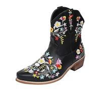 Women's Embroidered Western Boots Ladies Floral Cowboy Ankle Boots Block Heel Slip On Vintage Short Footwear Cushioned Insole Soft Sole for Autumn Winter Party Festival Walking Holiday Travel Street