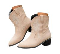 Women's Embroidered Western Cowboy Ankle Boots with Medium Calf | Comfortable Chunky Ankle Boots with Low Heel Almond Toe Autumn Shoes for Country Concerts Farm Work