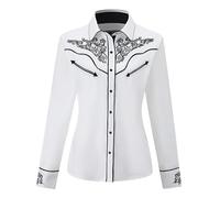 Women's Embroidered Western Cowboy Shirt Vintage Style Long Sleeve Button Down Shirt Premium Quality Snap Front Design S-3XL, White, L