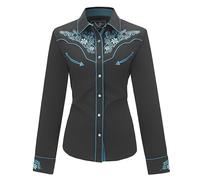 Women's Embroidered Western Cowboy Shirt Vintage Style Long Sleeve Button Down Shirt Premium Quality Snap Front Design S-3XL, Black-Green, XXL