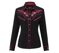 Women's Embroidered Western Cowboy Shirt Vintage Style Long Sleeve Button Down Shirt Premium Quality Snap Front Design S-3XL, Black-red, XL