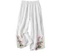 Women's Embroidered Wide Leg Pants Vintage Chinese Style Cotton Linen Flowy Trousers with Pockets Loose Elastic Waist Pants Ladies Spring Summer Daily Wear Trousers Plus Size Casual Pant