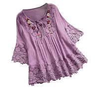 Women's Embroidery Boho Gauze Shirt Tunic Bohemian Crochet Floral Embroidered Tops Summer Hippie Ruffle Front Blouses for Older Women Club Lace Loose Fit 3/4 Sleeve Linen Sheer Flowy Purple