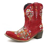 Womens Embroidery Boots Sale Clearance, Winter Boots Ladies Cowboy Boot Chunky Heel Pointed Toe Shoes Warm Lined Snow Boots Waterproof Medium High Booties Walking Boots Non-Slip Combat Boots