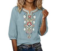 Women's Embroidery Tops Vintage Hippie Boho Embroidered Shirt Loose Fit Summer 3/4 Sleeve Fall Long Sleeve Tunic Blouse Casual V Neck Floral Pattern Beach Holiday Blouses Light Blue