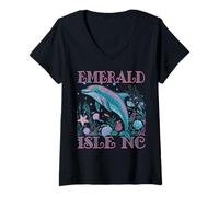 Womens EMERALD ISLE NC DOLPHIN COLORFUL BEACH SOUVENIR V-Neck T-Shirt