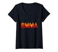 Women's Emma On Fire Name Word Art - Cute Personalized Flame V-Neck T-Shirt