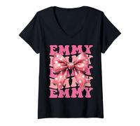 Womens Emmy Name Coquette Bow Aesthetic for Women Girls V-Neck T-Shirt