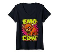 Women's Emo Cow Funny Highland Cow 90s Lowbrow Cartoon V-Neck T-Shirt