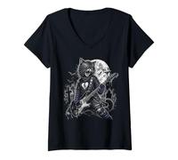 Women's Emo Gothic Cat Guitar Rocker Moonlight Punk Design Grunge V-Neck T-Shirt