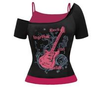 Women's Emo Grunge T-Shirts Vintage Off-Shoulder Top Y2K Fake 2 Piece Guitar Graphic Baby Tee Gothic Aesthetic Short Sleeve Off-Shoulder Crop Top Streetwear Punk Summer Harajuku, O Hot Pink, M