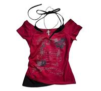 Women's Emo Grunge T Shirts - Vintage Y2K Fake 2 Piece Graphic Halter Neck Baby Tee Gothic Aesthetic Short Sleeve Crop Top Alt Streetwear Cyber Punk Summer Harajuku (Red,L)