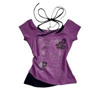 Women's Emo Grunge T Shirts - Vintage Y2K Fake 2 Piece Graphic Halter Neck Baby Tee Gothic Aesthetic Short Sleeve Crop Top Alt Streetwear Cyber Punk Summer Harajuku (Purple,M)