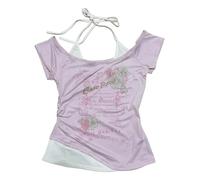Women's Emo Grunge T Shirts - Vintage Y2K Fake 2 Piece Graphic Halter Neck Baby Tee Gothic Aesthetic Short Sleeve Crop Top Alt Streetwear Cyber Punk Summer Harajuku (Pink,L)