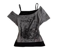 Women's Emo Grunge T Shirts - Vintage Y2K Fake 2 Piece Guitar Graphic Baby Tee Gothic Aesthetic Short Sleeve Off Shoulder Crop Top Alt Streetwear Punk Summer Harajuku (Grey,S)