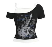 Women's Emo Grunge T-Shirts Vintage Y2K Fake Pack of 2 with Guitar Graphic Baby Tee Gothic Aesthetic Short Sleeve Off Shoulder Crop Tops Harajuku Punk Streetwear Fashionable Top, O Black, XL