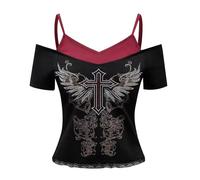 Women's Emo Grunge T-Shirts Vintage Y2K Fake Pack of 2 with Guitar Graphic Baby Tee Gothic Aesthetic Short Sleeve Off Shoulder Crop Tops Harajuku Punk Streetwear Fashionable Top, Z1 Black, M
