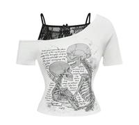 Women's Emo Grunge T-Shirts Vintage Y2K Fake Pack of 2 with Guitar Graphic Baby Tee Gothic Aesthetic Short Sleeve Off Shoulder Crop Tops Harajuku Punk Streetwear Fashionable Top, Q White, M
