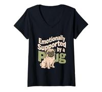 Women's Emotionally Supported by A Pug Cute Dog Humor V-Neck T-Shirt