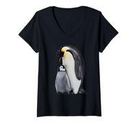 Women's Emperor Penguin Chick and Parent Cute Bird Design V-Neck T-Shirt