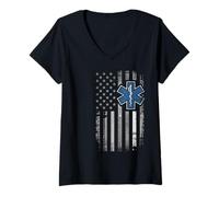 Womens EMS EMT Paramedic American Flag Emergency Medical Gifts Men V-Neck T-Shirt