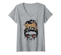 Womens EMT Messy Bun Hair Funny Leopard Nurse V-Neck T-Shirt