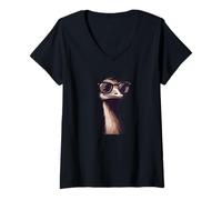 Womens Emu Ostrich With Sunglasses Farm Farmer Farming Eggs Funny V-Neck T-Shirt