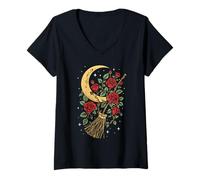 Womens Enchanted Broomstick Botanical Lunar Mystical Flight V-Neck T-Shirt