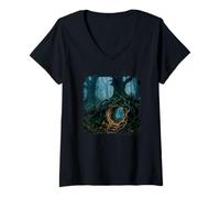 Women's Enchanted Forest Portal Mystical Tree Root Fantasy Design V-Neck T-Shirt