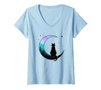 Womens Enchanted Night Cat Crescent Moon Forest Stars V-Neck T-Shirt