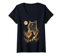 Women's Enchanting Mystical Cat Silhouette Moonlight Imagery V-Neck T-Shirt