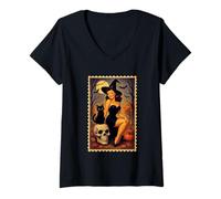 Womens Enchanting Witch with Black Cat and Skull V-Neck T-Shirt