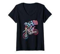 Women's Enduro Racer Speeding Through a Patriotic American Flag V-Neck T-Shirt