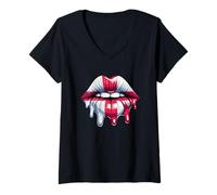 Women's England Flag Dripping Lips St George Cross Pride V-Neck T-Shirt