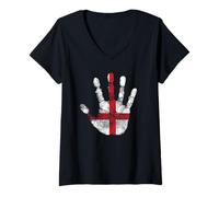 Womens England Flag Patriotic DNA Hand Print Stencil V-Neck T-Shirt