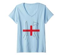 Womens England Knife and Axe Symbol Joan of Union Jack V-Neck T-Shirt