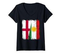 Womens England Kurdistan Half Flag English Kurdish Heritage Jersey V-Neck T-Shirt