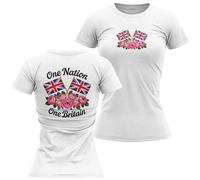 Womens England Pride T Shirt One Nation One Britain Union Jack Roses Back Print - British Heritage Top - Ladies Patriotic Top, XXL, White