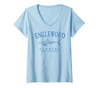 Women's Englewood Florida Shark Retro Arched Blue Letters V-Neck T-Shirt