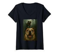 Womens English Bulldog Dog Selfie With T-Rex Dinosaur Funny V-Neck T-Shirt