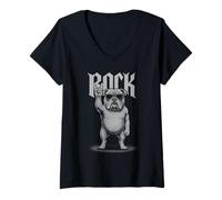 Womens English Bulldog Rock Music Retro Vintage Dog Lover V-Neck T-Shirt
