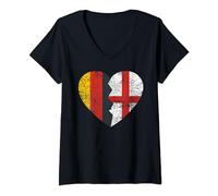 Womens English German Flag Heart | Germany Uk England Flag Roots V-Neck T-Shirt