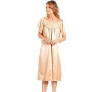 Women's English Made Satin Short Sleeved Nightdress with Lace Detail by Lady Olga (14-16, Gold)