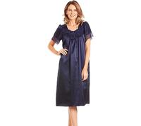 Women's English Made Satin Short Sleeved Nightdress with Lace Detail by Lady Olga (18-20, Navy)