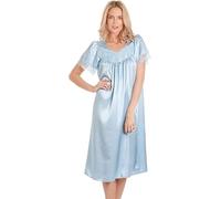 Women's English Made Satin Short Sleeved Nightdress with Lace Detail by Lady Olga (26-28, Pale Blue)