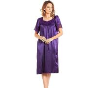 Women's English Made Satin Short Sleeved Nightdress with Lace Detail by Lady Olga (26-28, Purple)