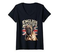 Womens English Mastiff UK Flag - Distressed British Dog Lover V-Neck T-Shirt