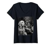 Women's English Setter Dogs Smoking Lighter Black White Grunge V-Neck T-Shirt